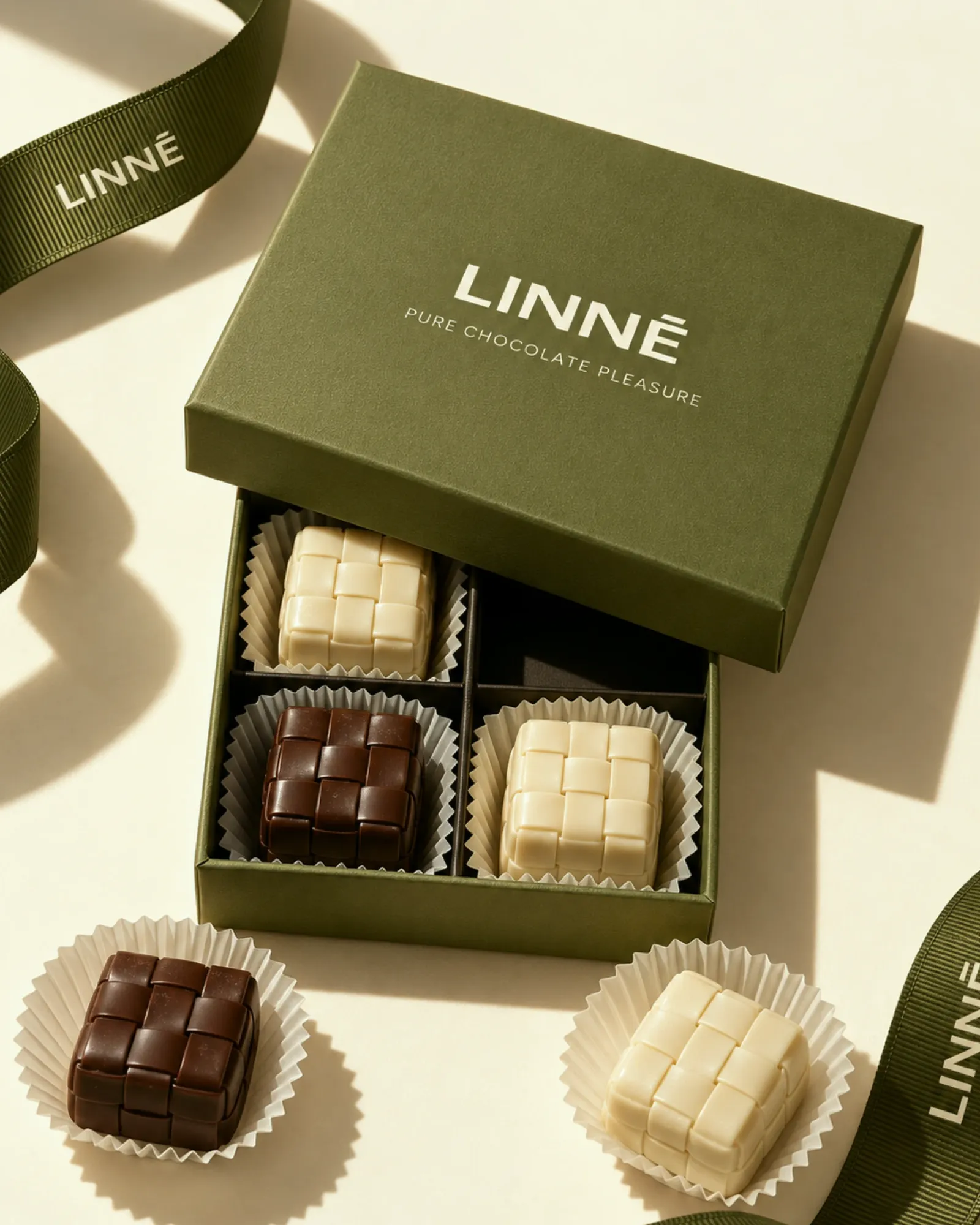 An olive LINNÉ box open on cream, six woven chocolates in paper cups inside, the lid reading Pure Chocolate Pleasure, olive ribbon curling around it.