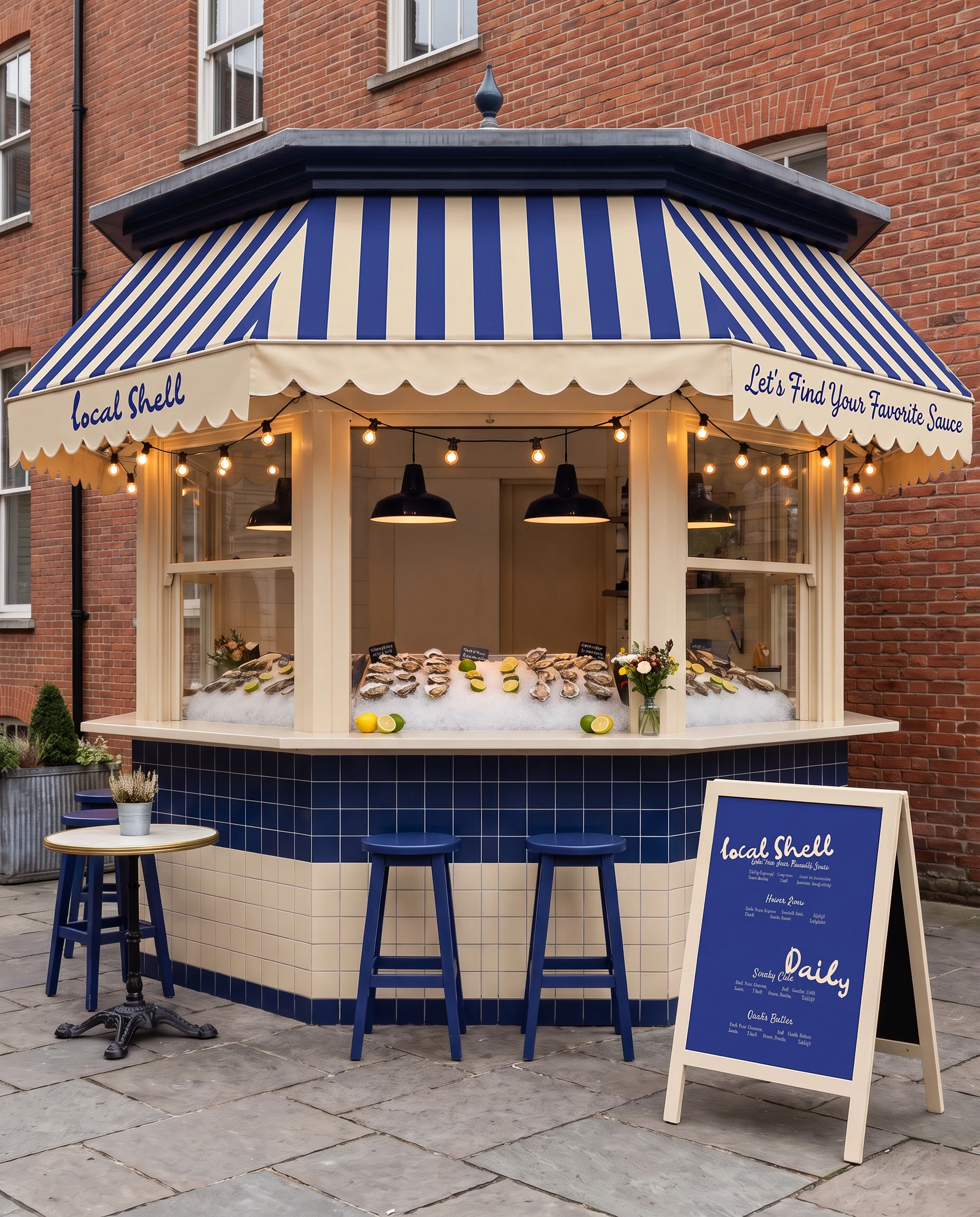 The Local Shell stall at dusk under a blue and white striped awning, warm bulbs strung along its edge, oysters laid out on ice behind the counter and the A-board on the pavement