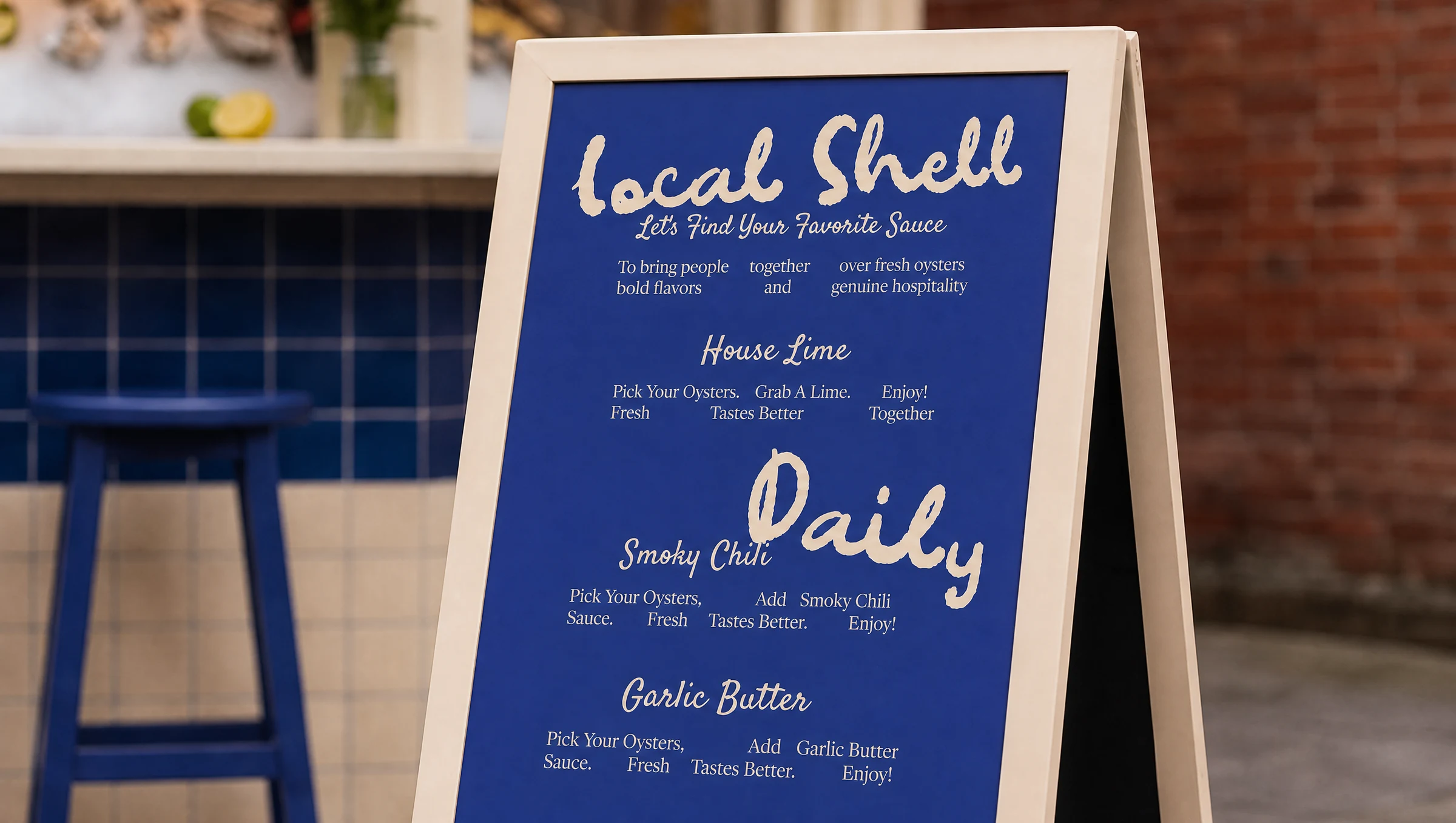 The A-board menu on the blue tiled counter, Local Shell hand-lettered at the top over the three sauces