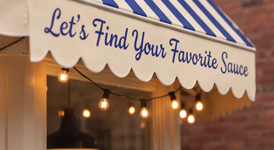 The scalloped edge of the awning with Let's Find Your Favorite Sauce lettered across it in blue script, bulbs lit beneath
