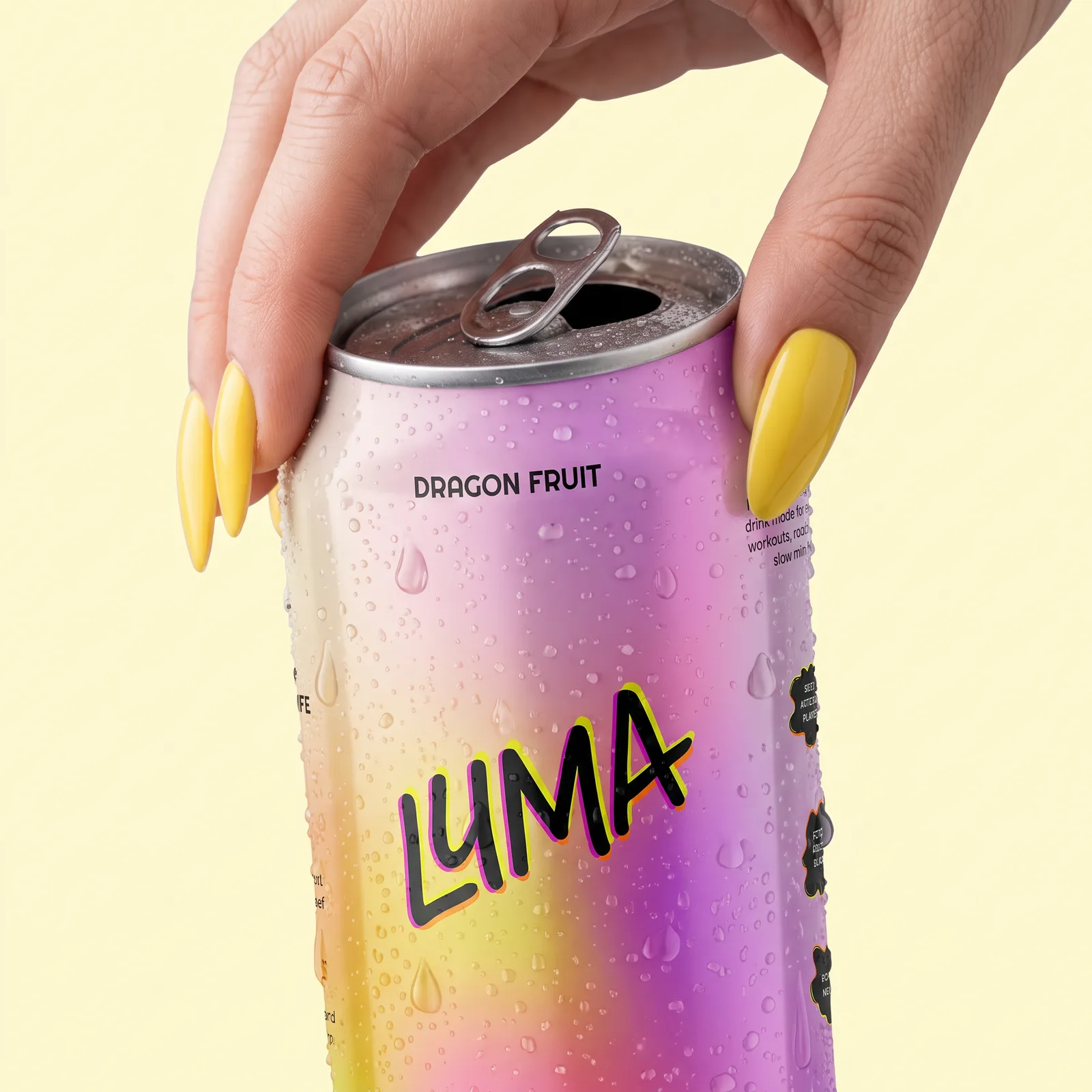Close up of a hand with yellow nails cracking open a condensation covered Luma can