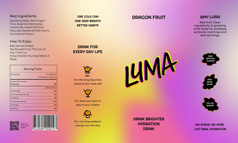 The full wraparound Luma label flat on the aurora gradient: wordmark, mascot moments, badges, serving facts and barcode