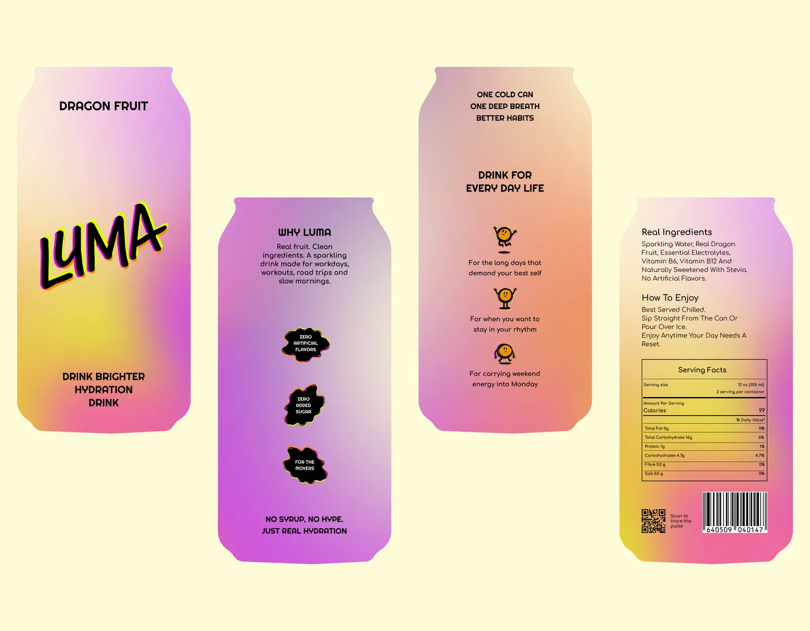 Four can shaped Luma label panels on cream: front face, the why panel, the mascot panel and the ingredients panel