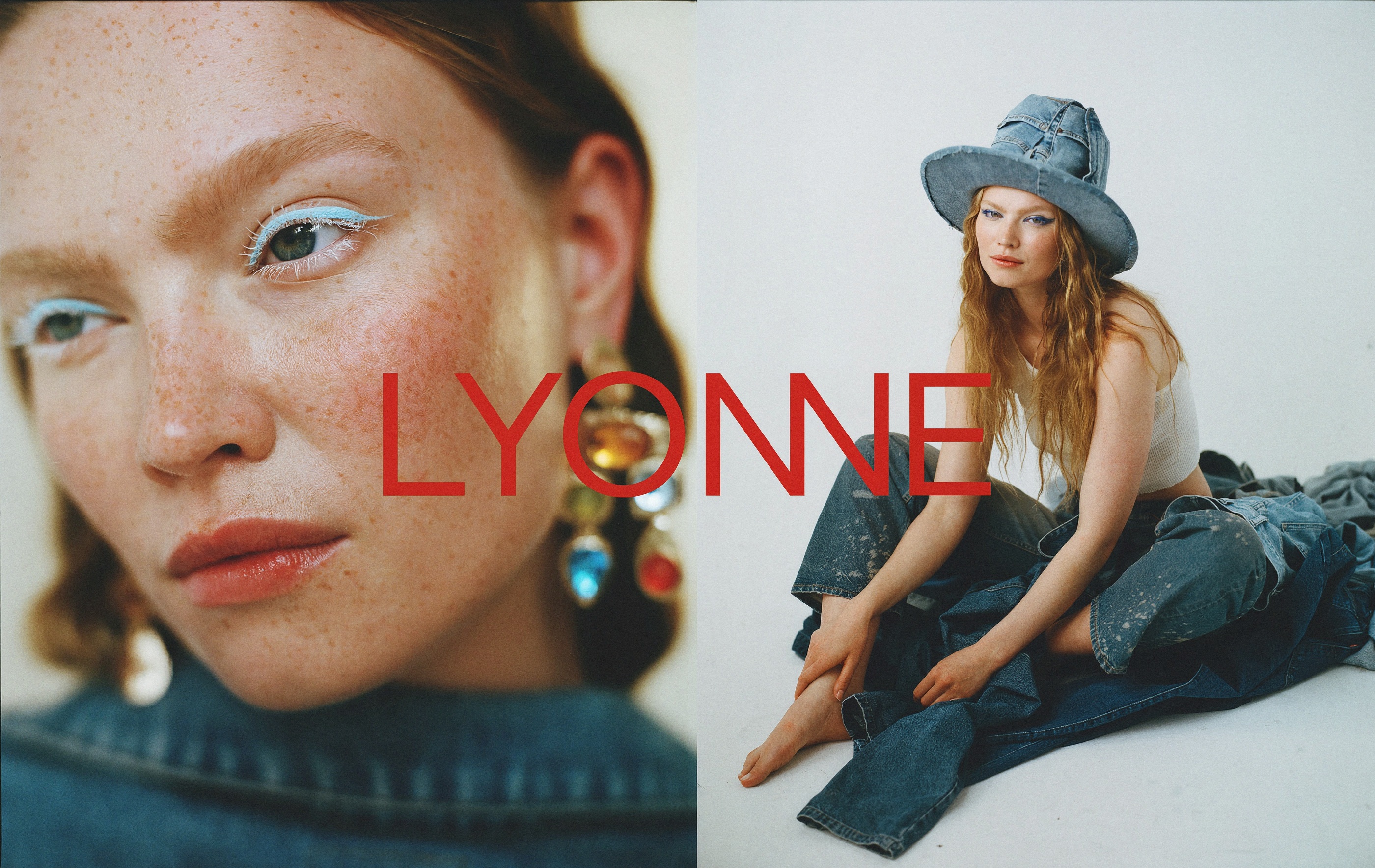 Editorial spread: a freckled model with pale blue eyeliner beside a seated denim look, the red Lyonne wordmark running across both frames