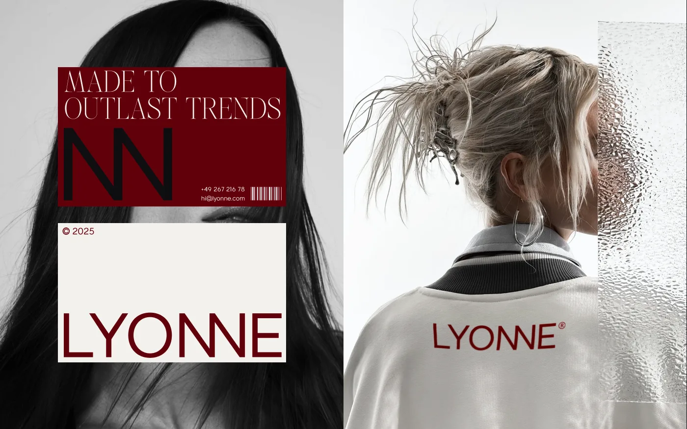 Red and cream Lyonne business cards with barcode and contact details beside a white sweatshirt with the red back print