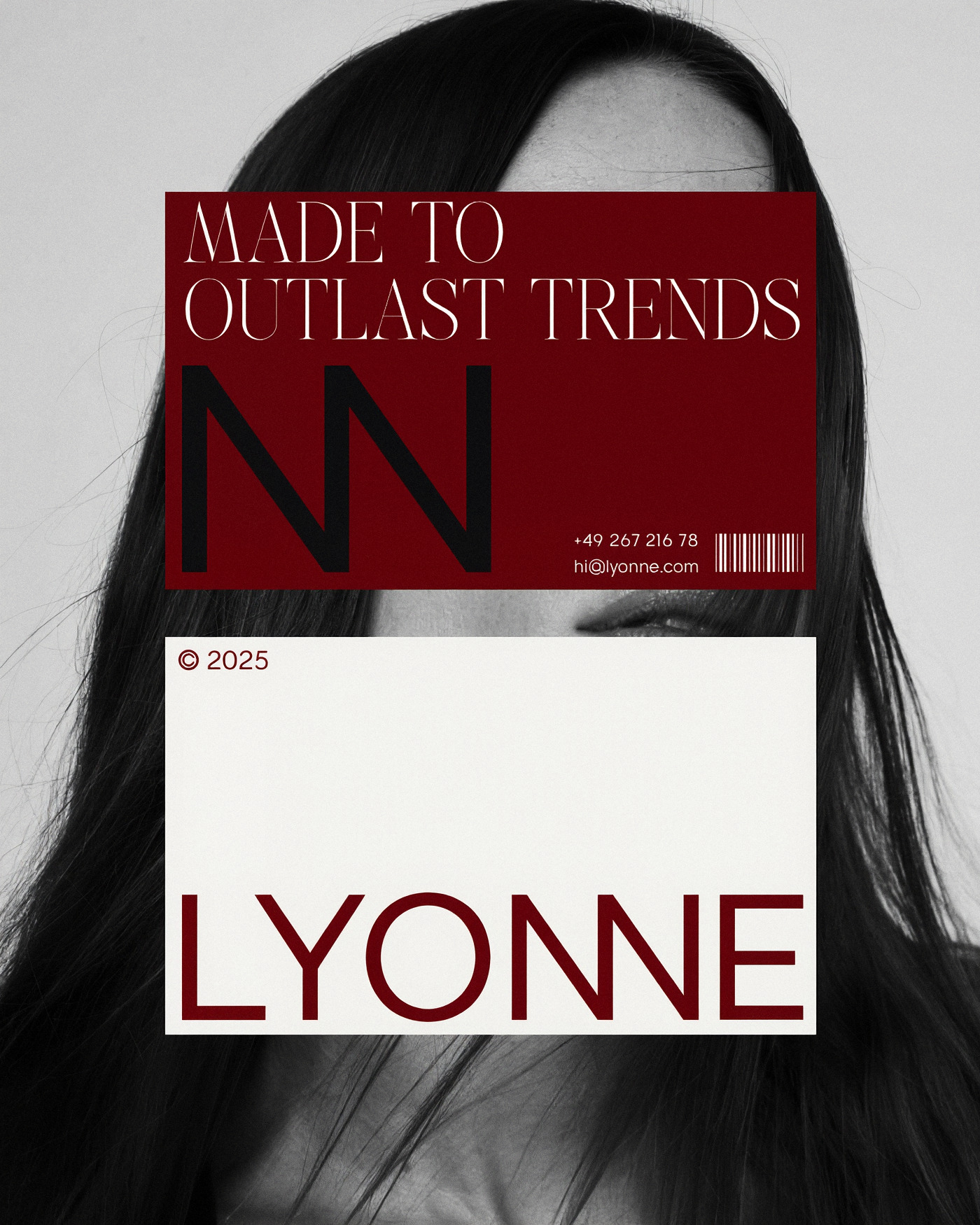 Rosewood and cream Lyonne business cards with the merged NN monogram, barcode and contact details, over a black and white portrait