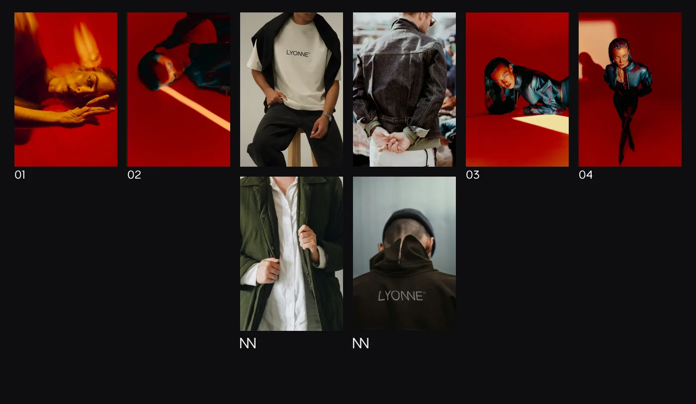 Numbered lookbook grid on black: red gel editorial shots 01 to 04 mixed with apparel details of the Lyonne chest and hood prints
