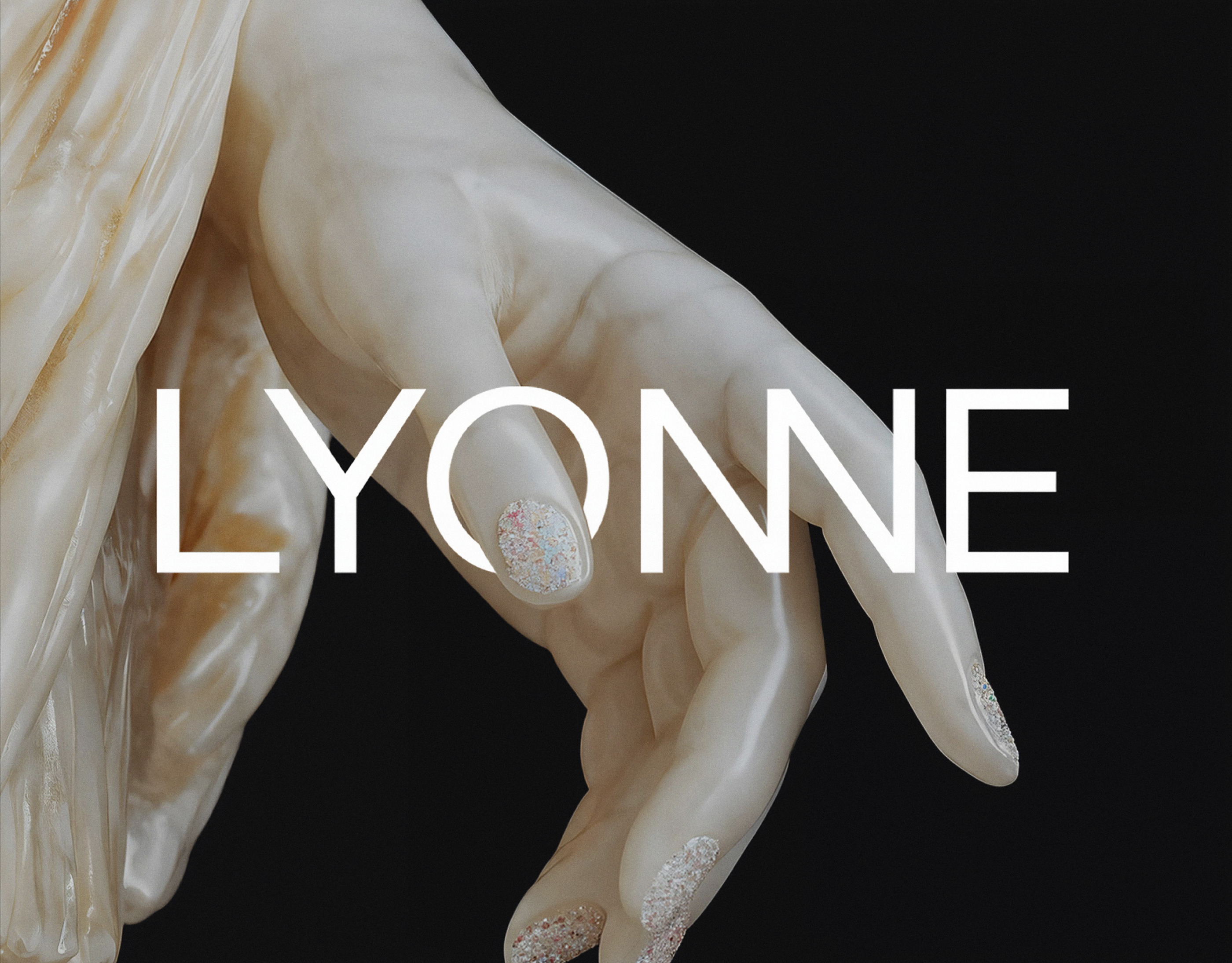 Pearl marble sculpted hand with crystal nails on black, the white Lyonne wordmark threading behind the fingers