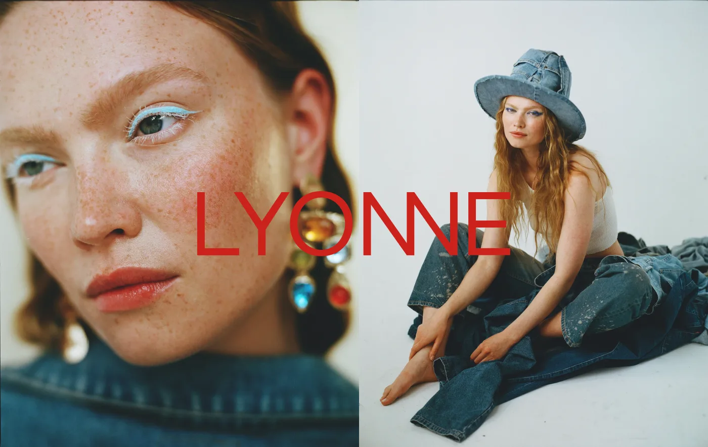 Light editorial spread: a freckled model with pale blue eyeliner and a seated denim look, the bright red Lyonne wordmark running across both photographs
