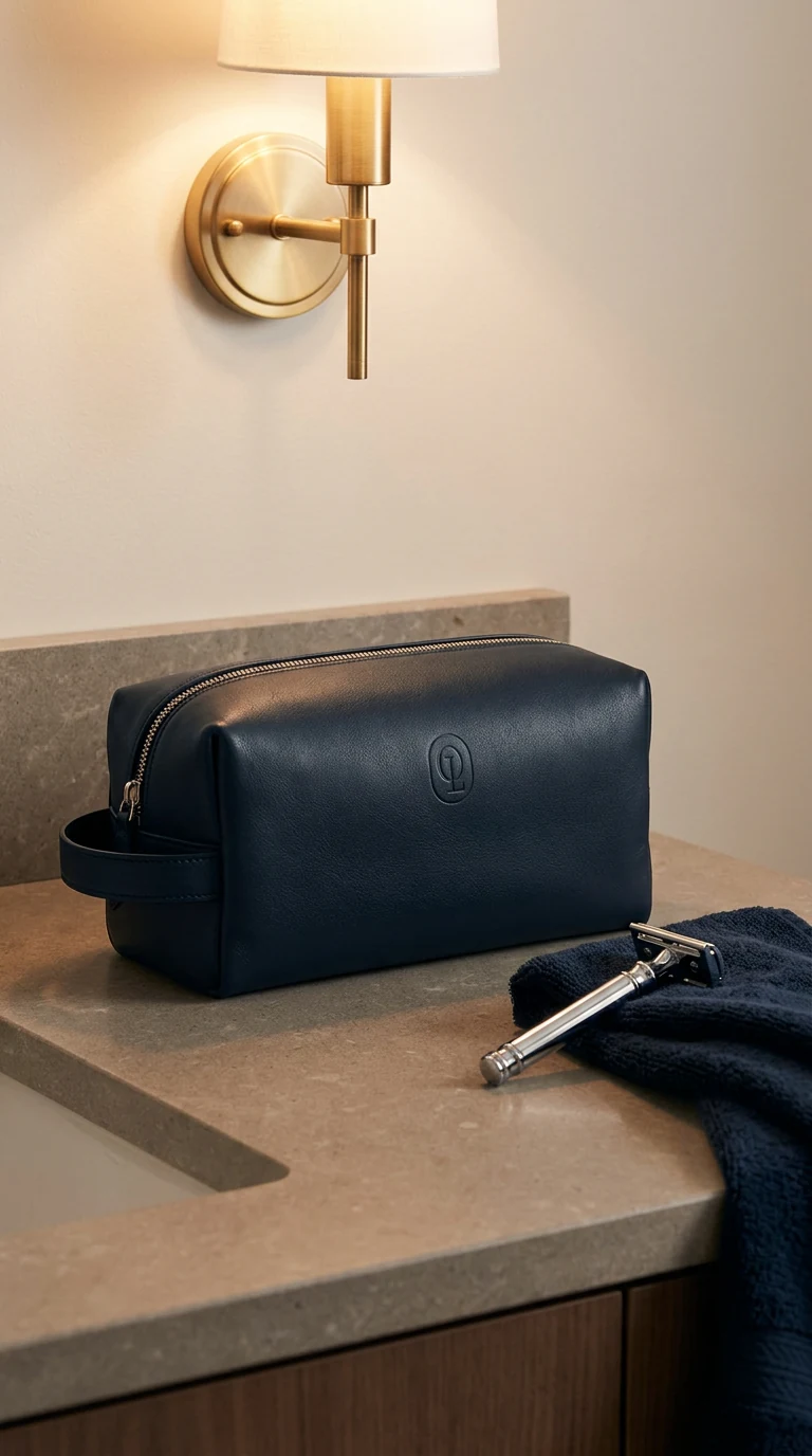 A black leather wash bag open on a stone counter under a brass sconce, tools inside