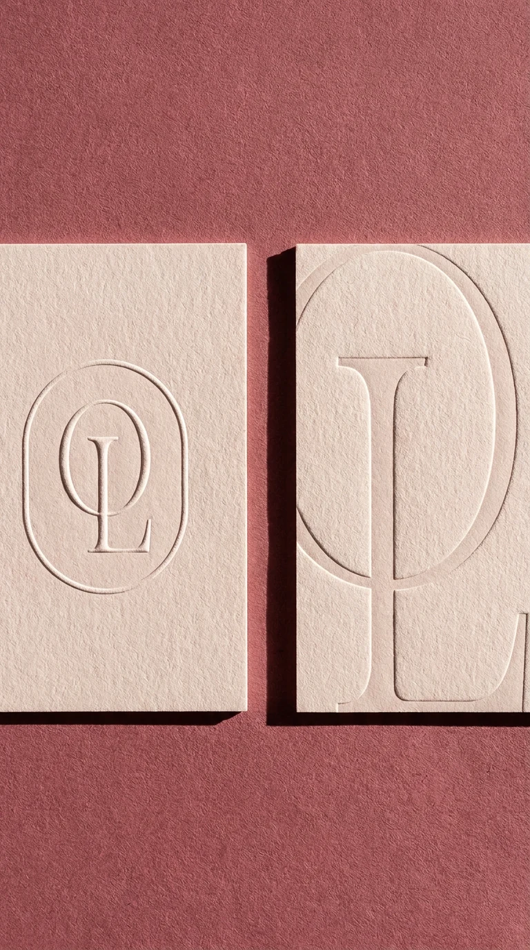 Blush boards on a dusty rose ground, deeply debossed with the monogram and an oversized L