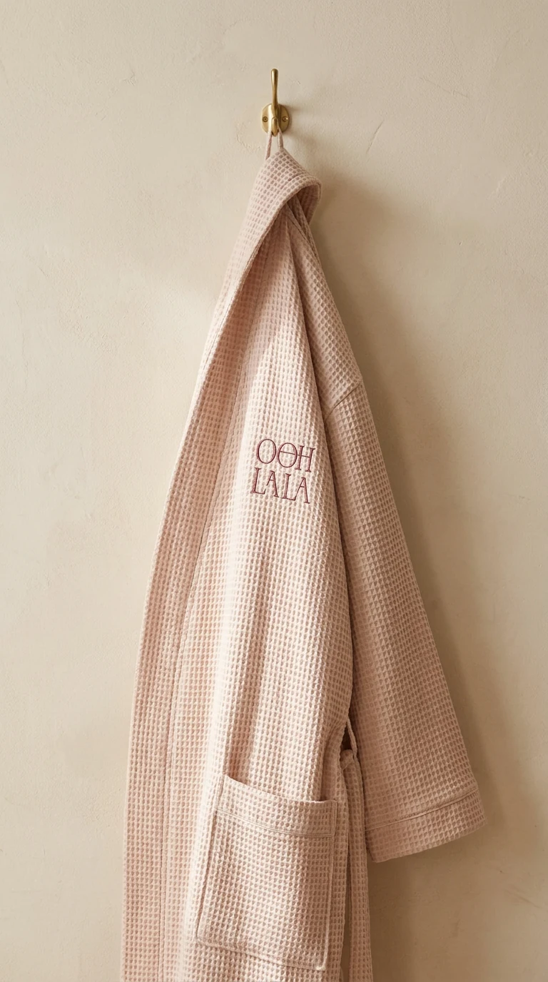 A blush waffle robe on a brass hook against a plaster wall, the wordmark embroidered tonally on the chest