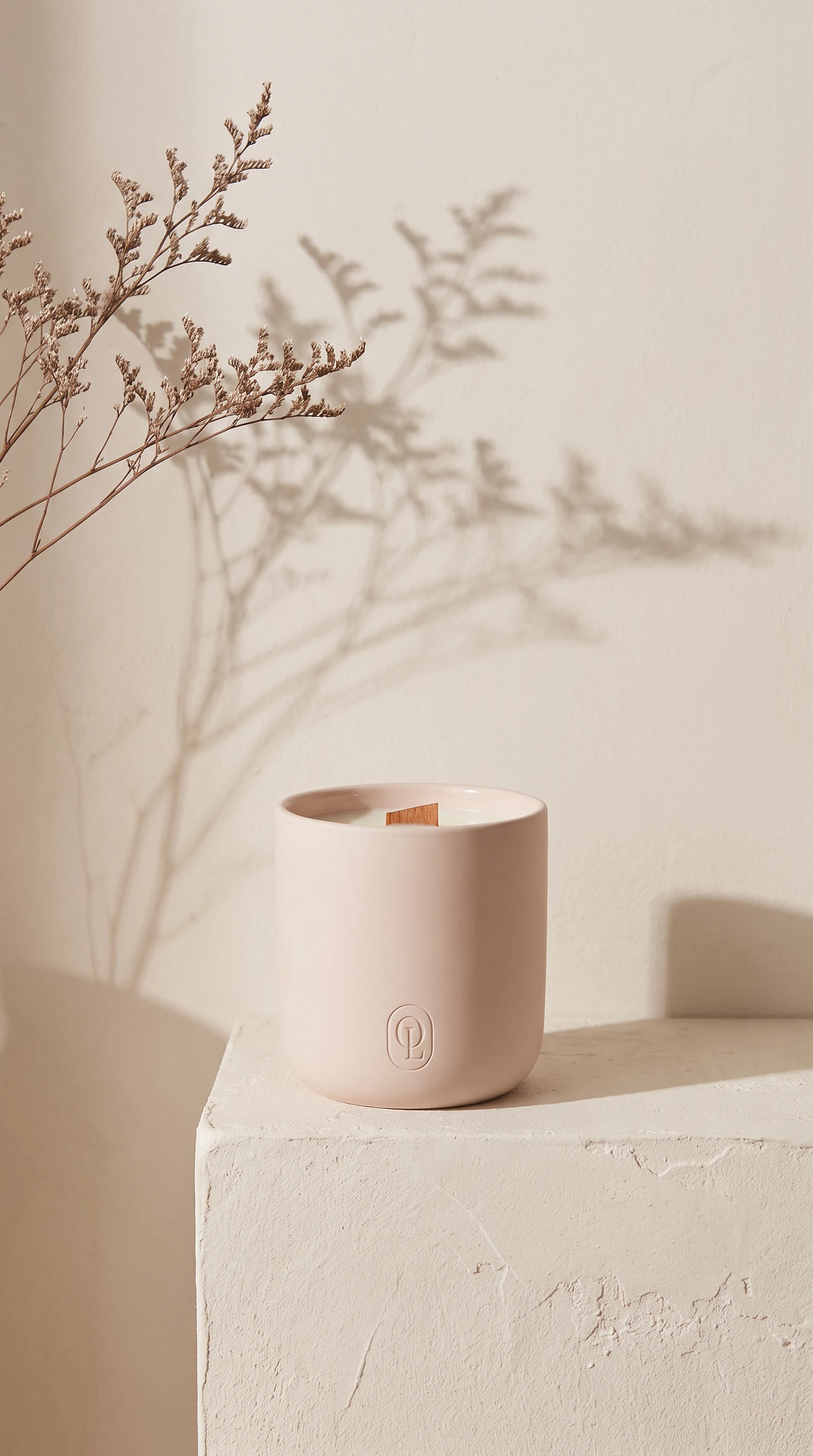 A blush ceramic vessel on a plaster plinth beside a dried branch, its shadow thrown across the wall behind