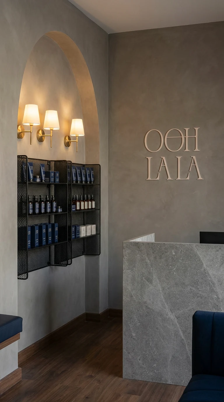 The reception end: twin wall sconces, a black product wall, a marble desk, and the wordmark on plaster