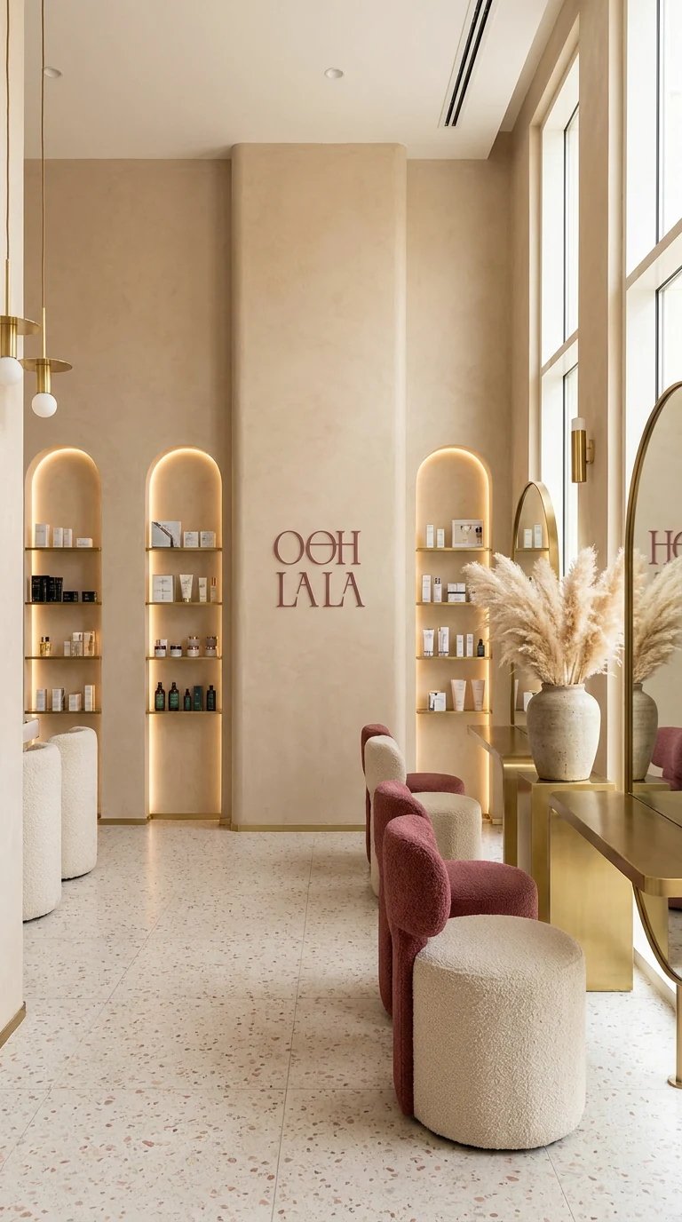 A long interior of lit arched niches holding product, rose upholstered chairs, terrazzo floor and a brass mirror