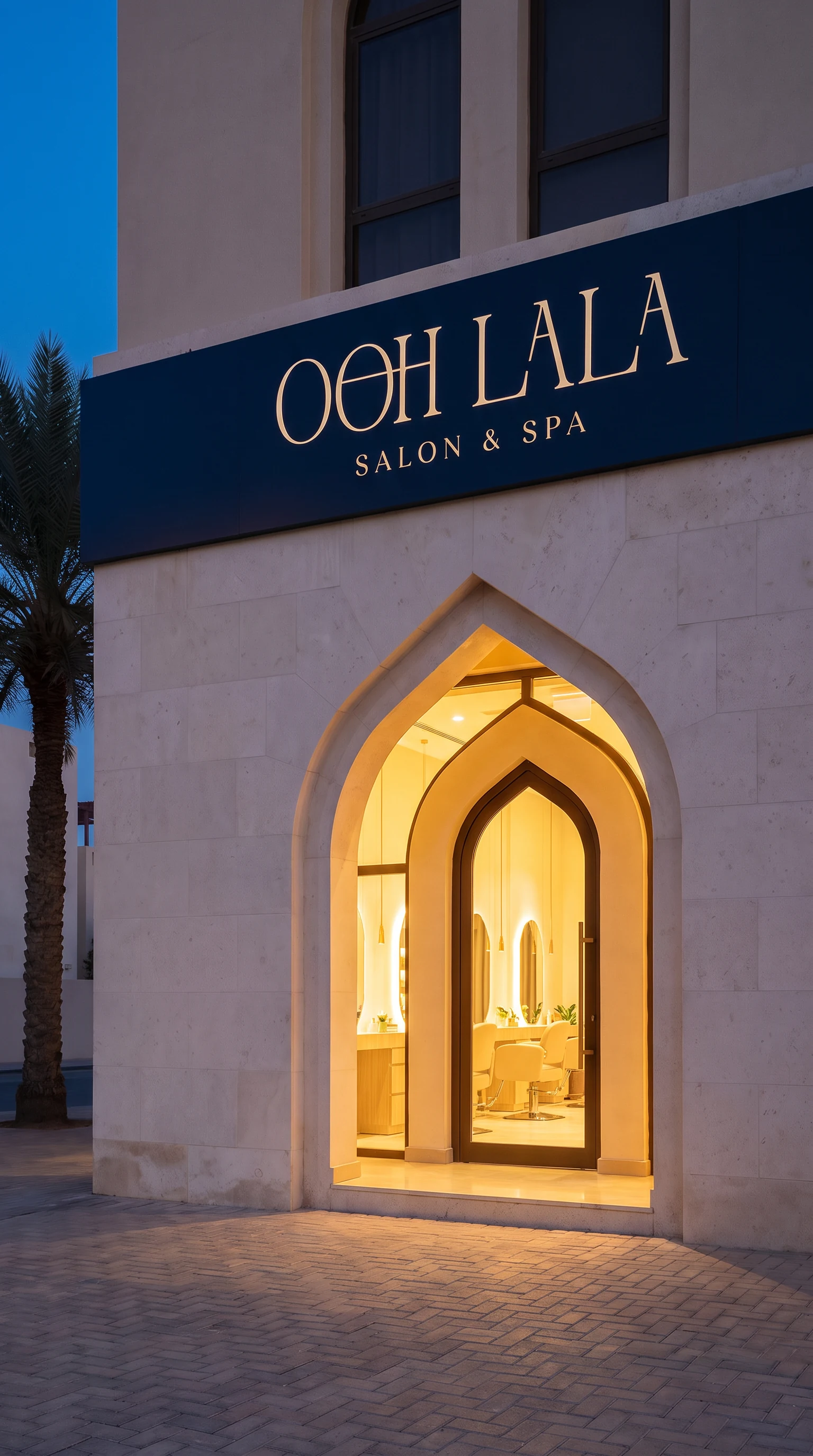 The lit arch doorway close and upright, the navy fascia above it, warm light spilling onto the paving