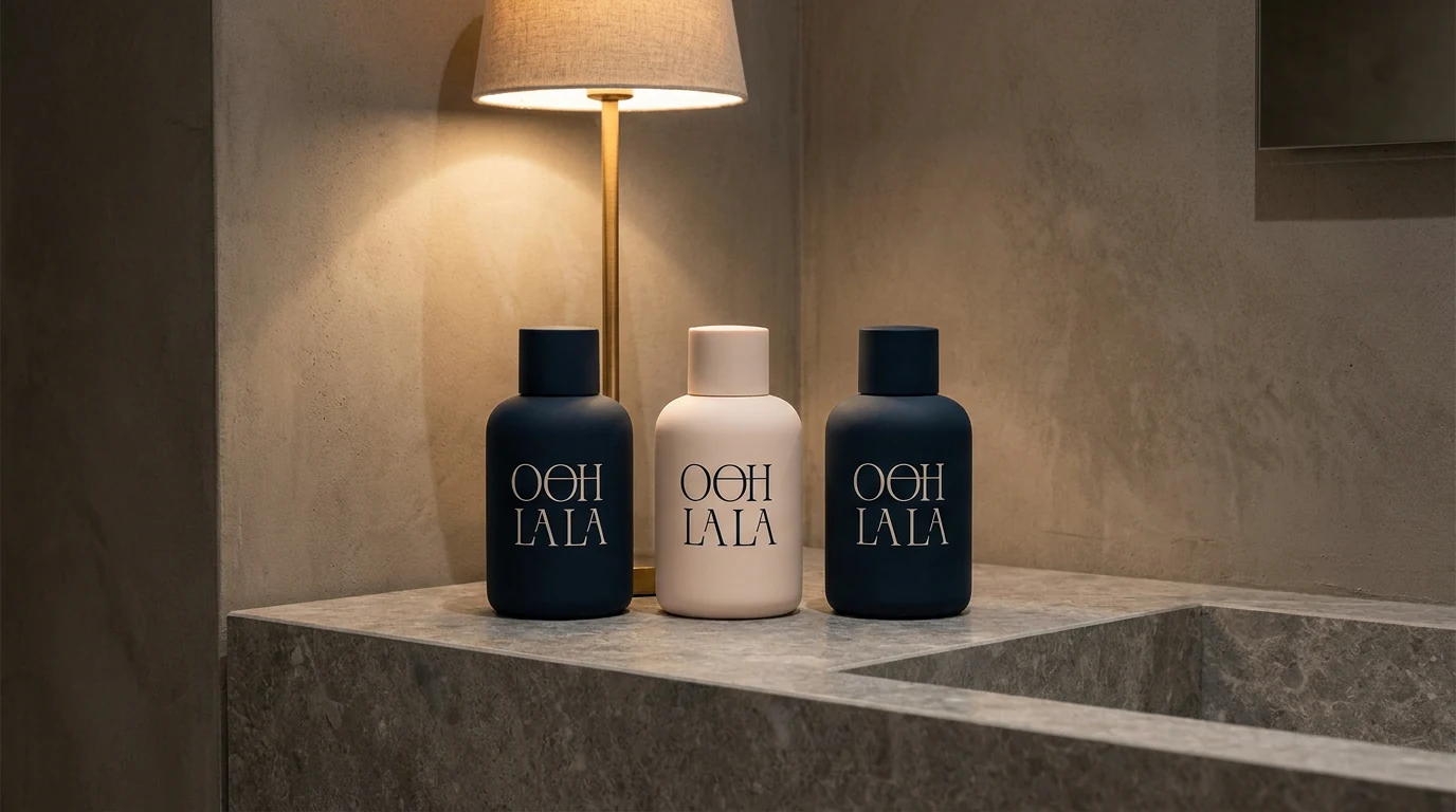 Three retail bottles on a stone ledge, two navy either side of one blush, under a warm table lamp