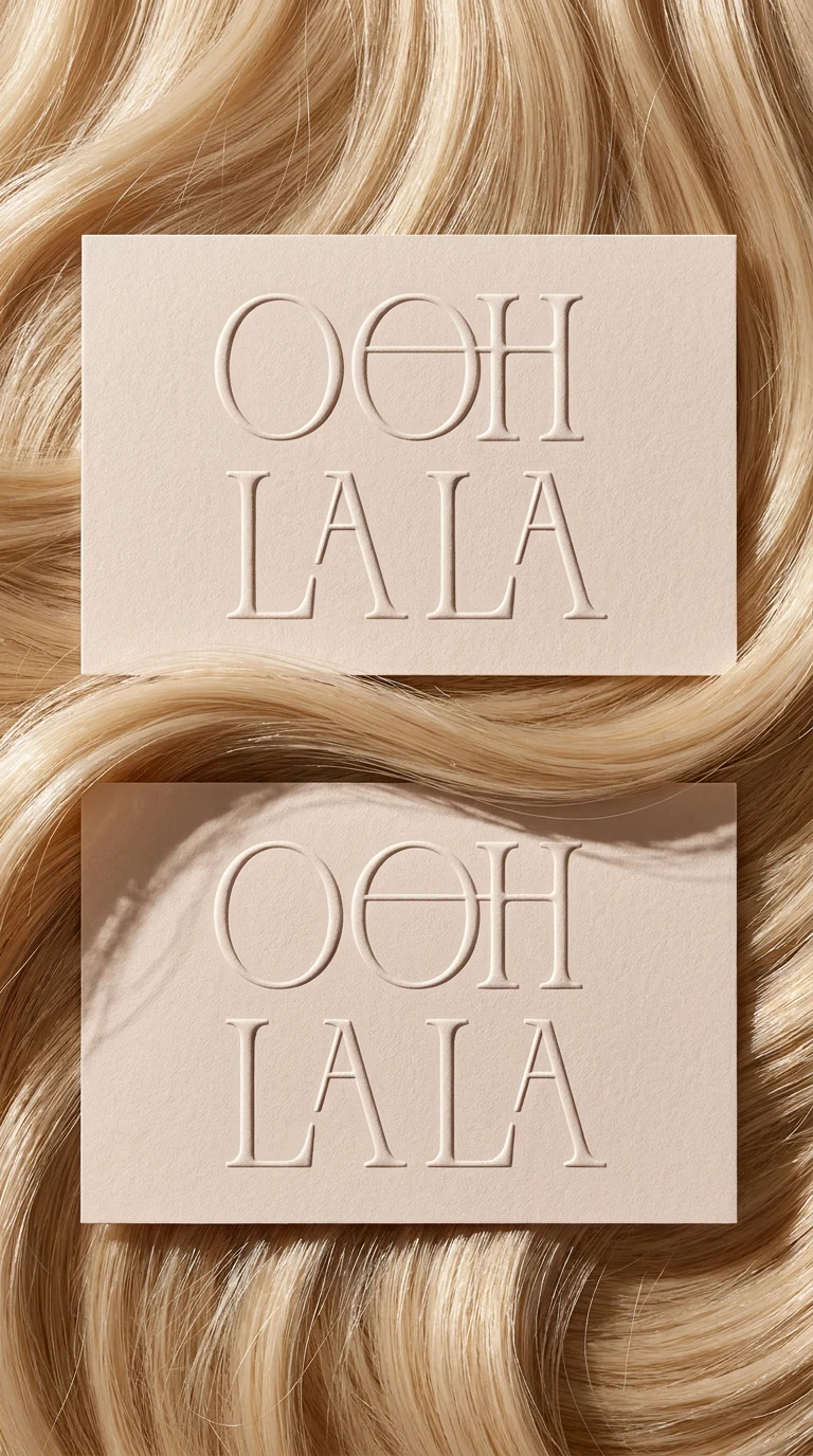 Two blush cards lying on blonde hair, each blind embossed with the stacked wordmark