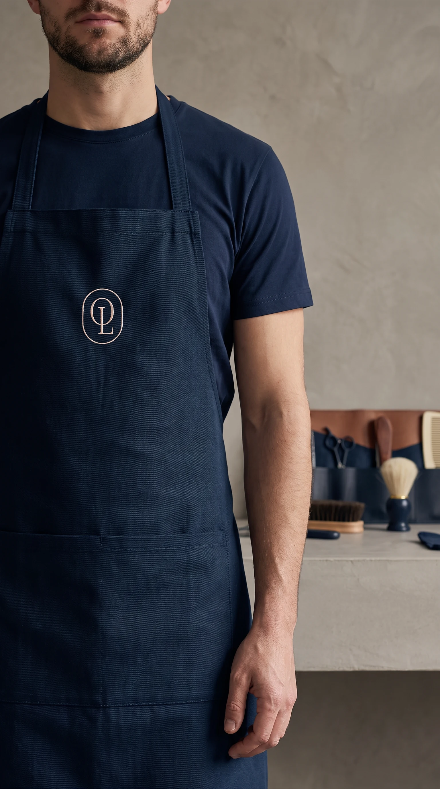 A stylist in a navy apron, the monogram embroidered small on the chest, the salon soft behind