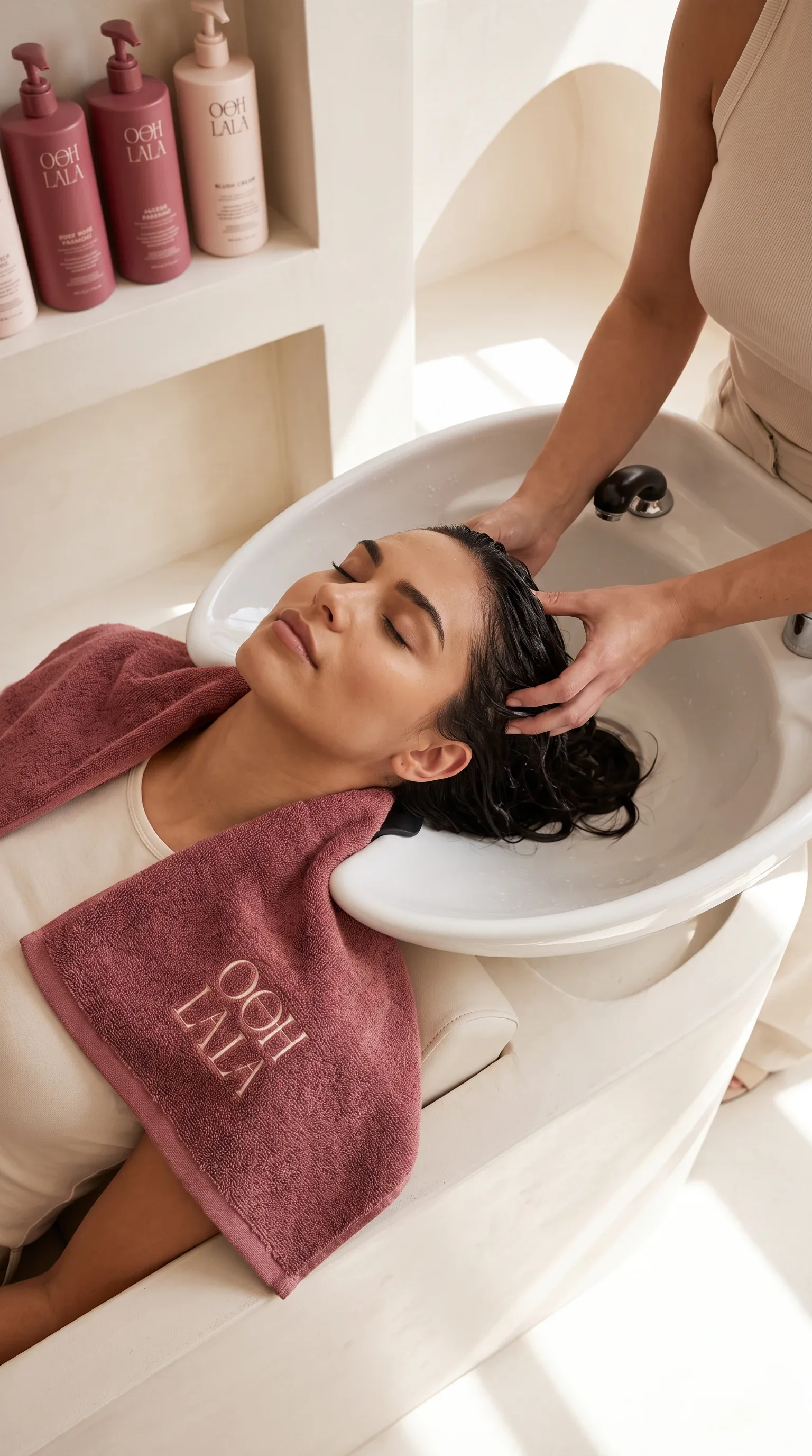 A guest at the wash basin with her eyes closed, a rose towel carrying the wordmark under her shoulder, blush bottles on the shelf above