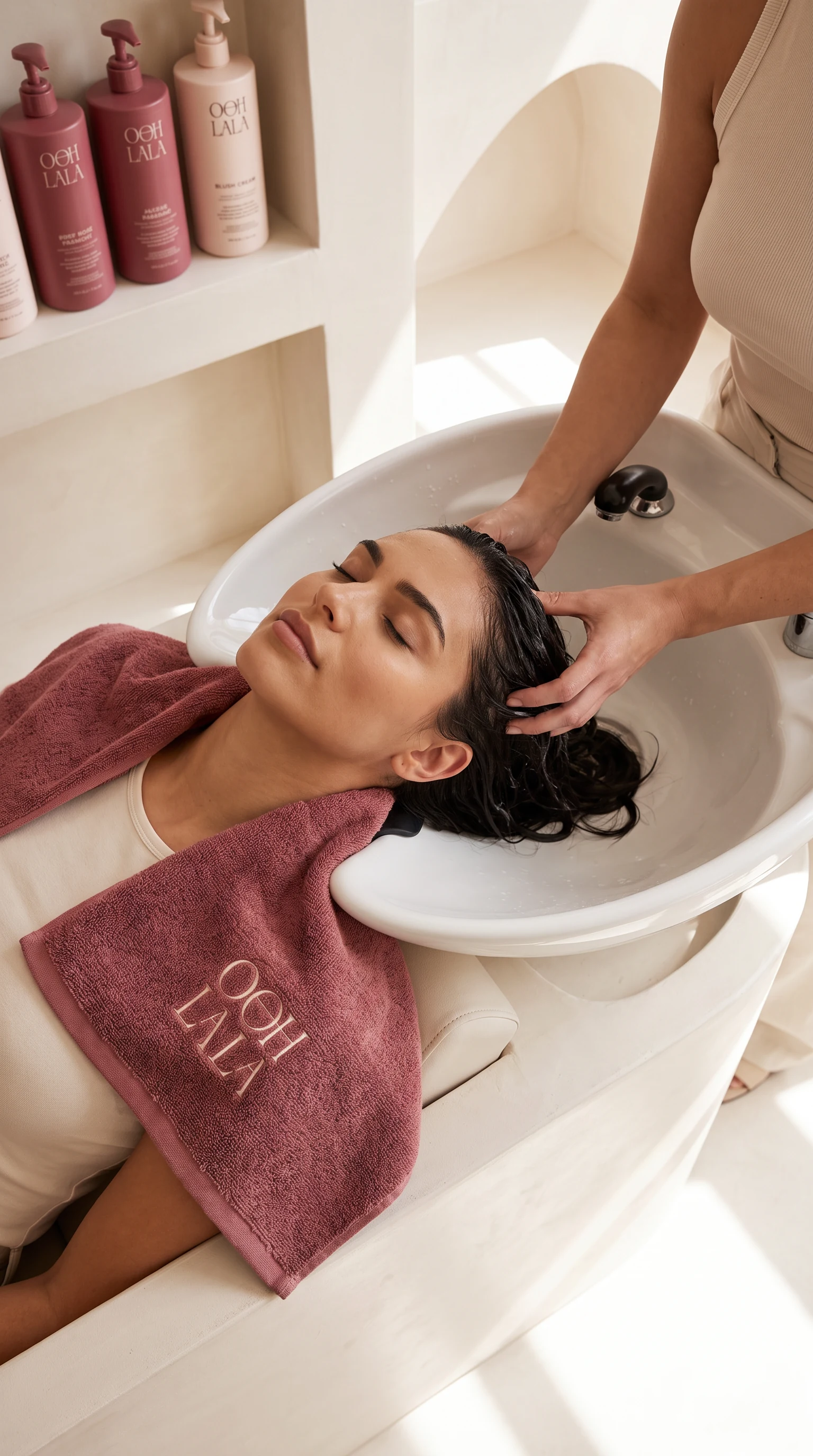 A guest at the wash basin with her eyes closed, a rose towel carrying the wordmark under her shoulder, blush bottles on the shelf above