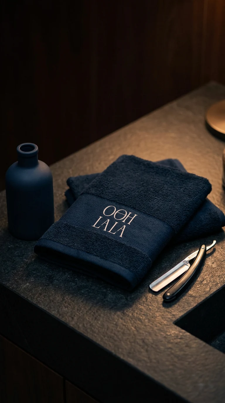 A folded navy towel embroidered OOH LALA beside a straight razor on a dark stone counter, a navy bottle behind