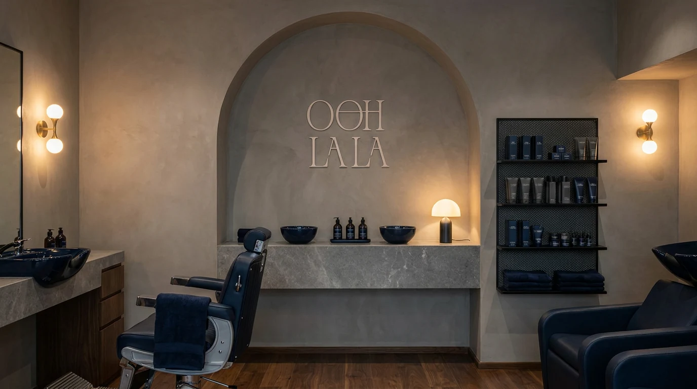 A styling station: navy chair, stone counter, product shelves, and OOH LALA set into a plastered arched alcove behind