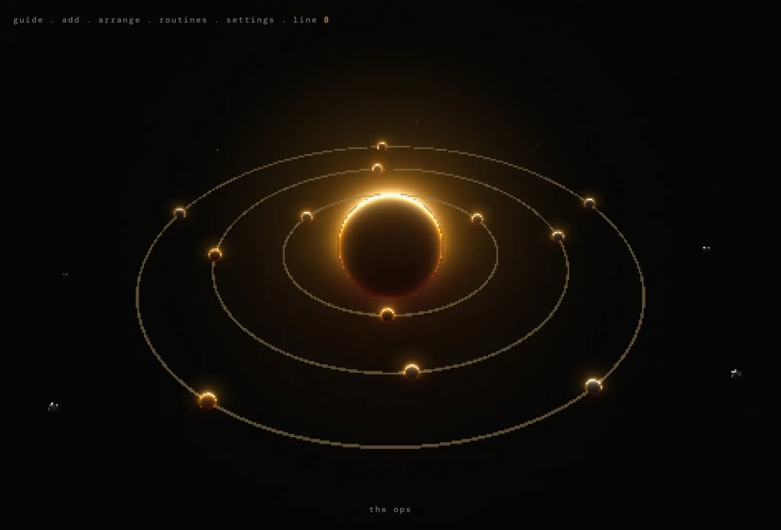 Inside one engine: an ember sun with its three rings and the worlds of live work on them, the menu guide, add, arrange, routines, settings and the line along the top.
