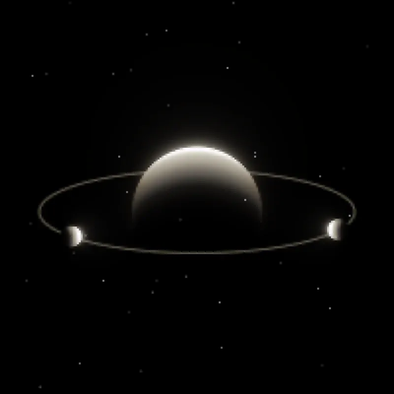 The ash engine: a glowing pale grey world with a bone ring and two small planets.