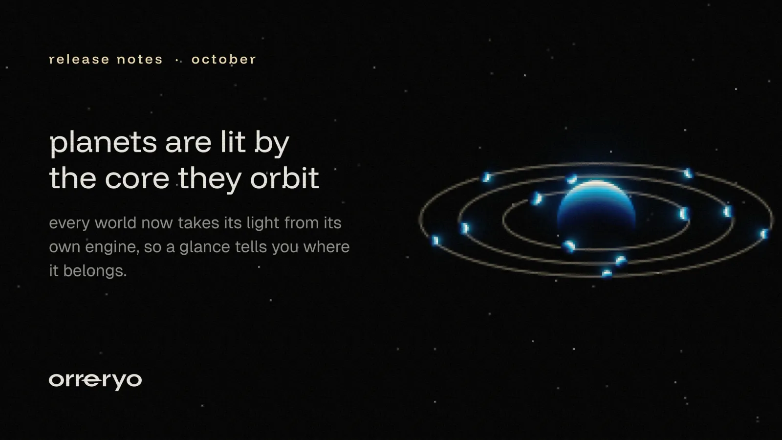 A release notes template for X and LinkedIn: planets are lit by the core they orbit, with a sea engine.