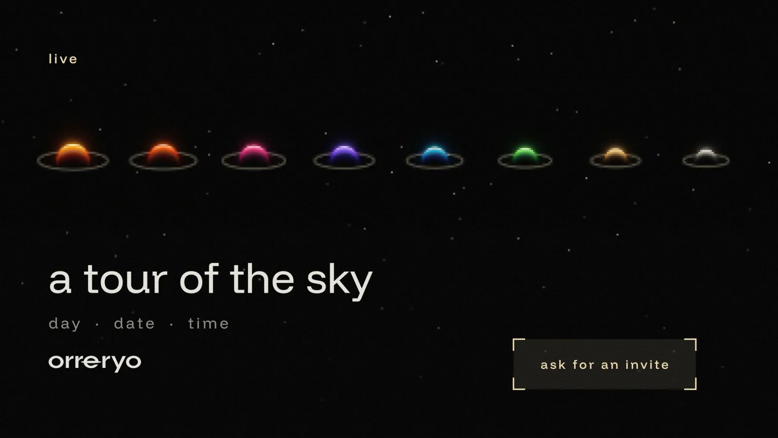 An event template: a tour of the sky, with the eight engines in a row.