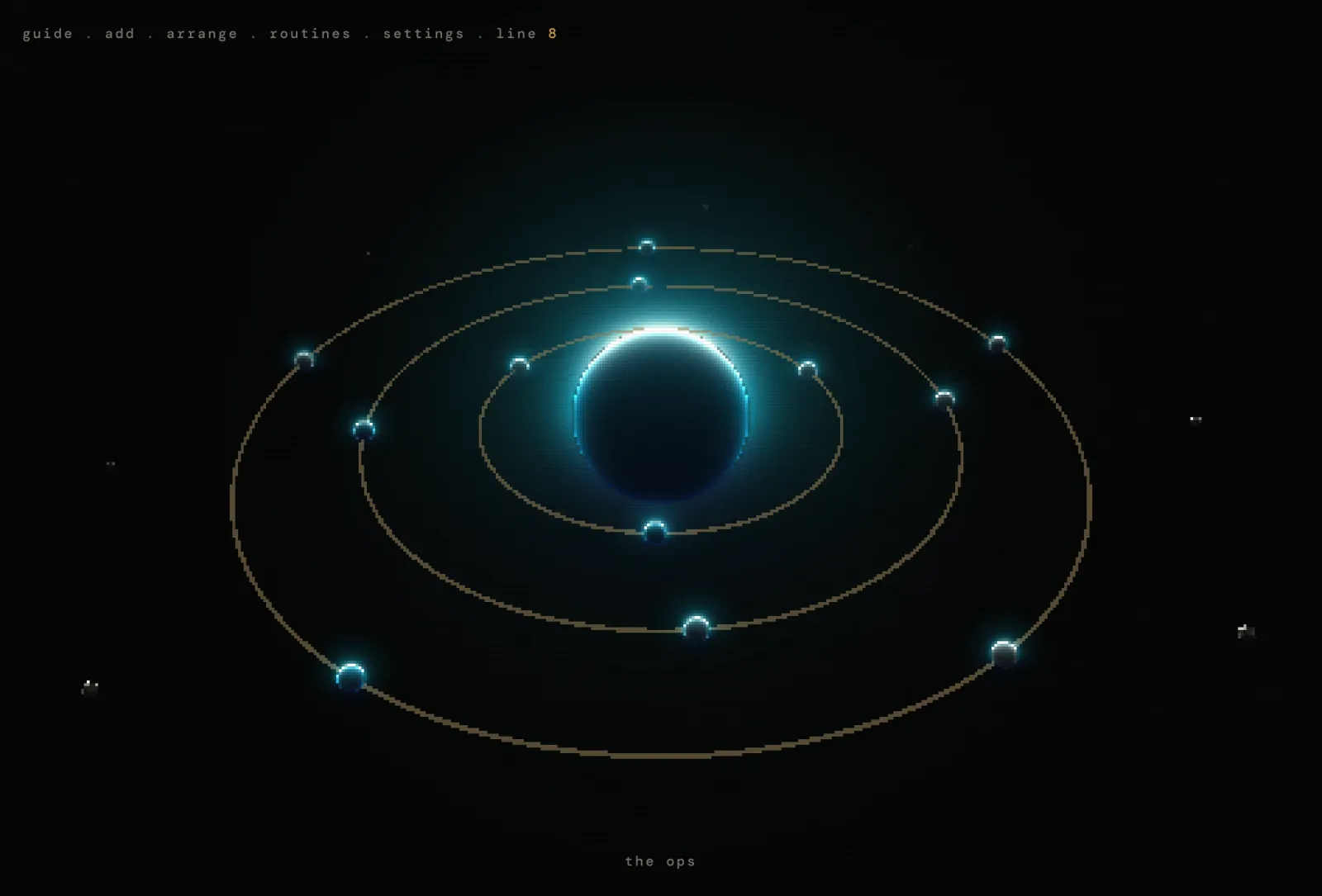 Inside one engine in sea: a cyan sun with three rings of worlds.