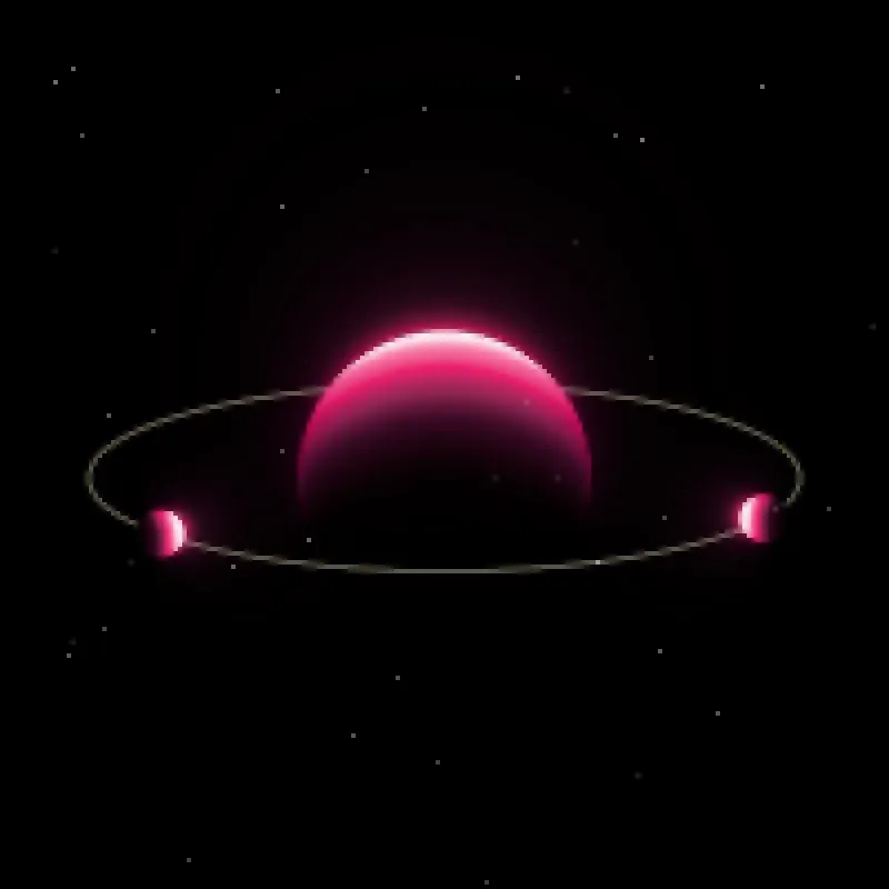 The rose engine: a glowing pink world with a bone ring and two small planets.