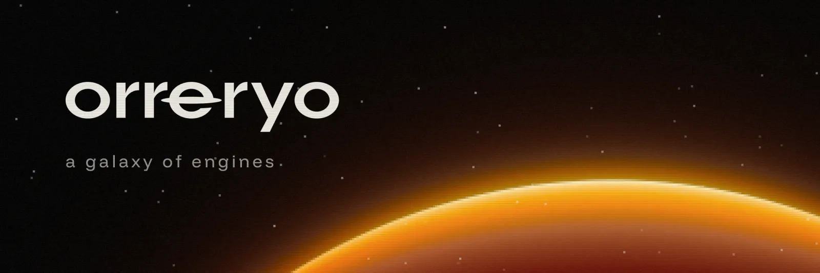 The X header: the wordmark and a galaxy of engines over an ember horizon.