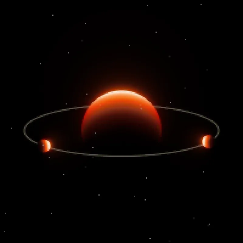 The rust engine: a glowing red-orange world with a bone ring and two small planets.