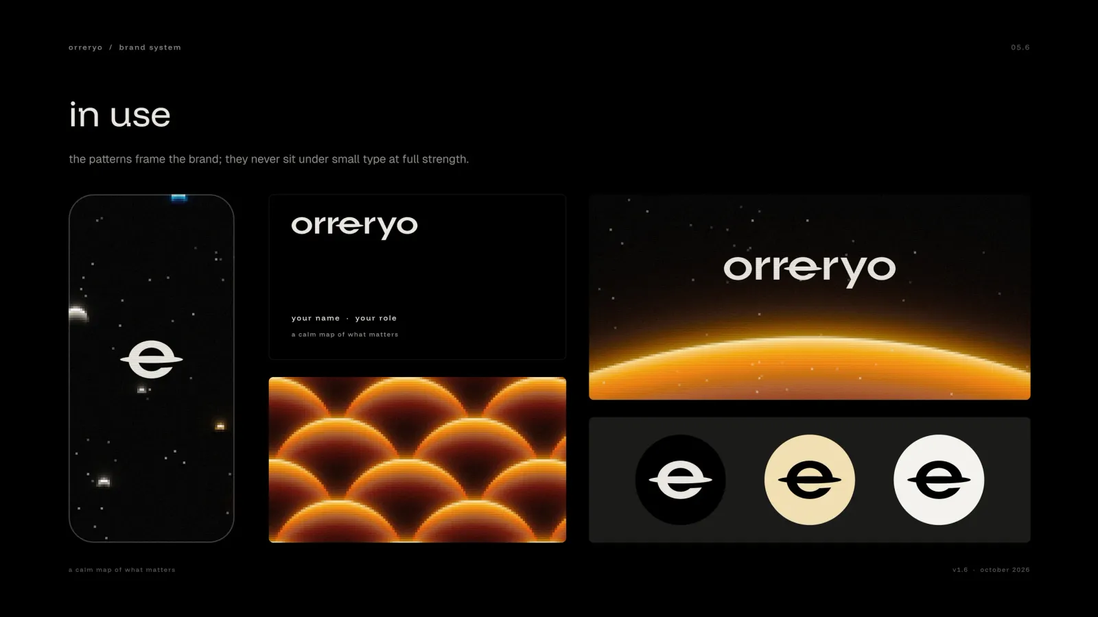 The patterns in use: a phone wallpaper of the sky, a business card, the horizons pattern, a horizon banner and three app icons.