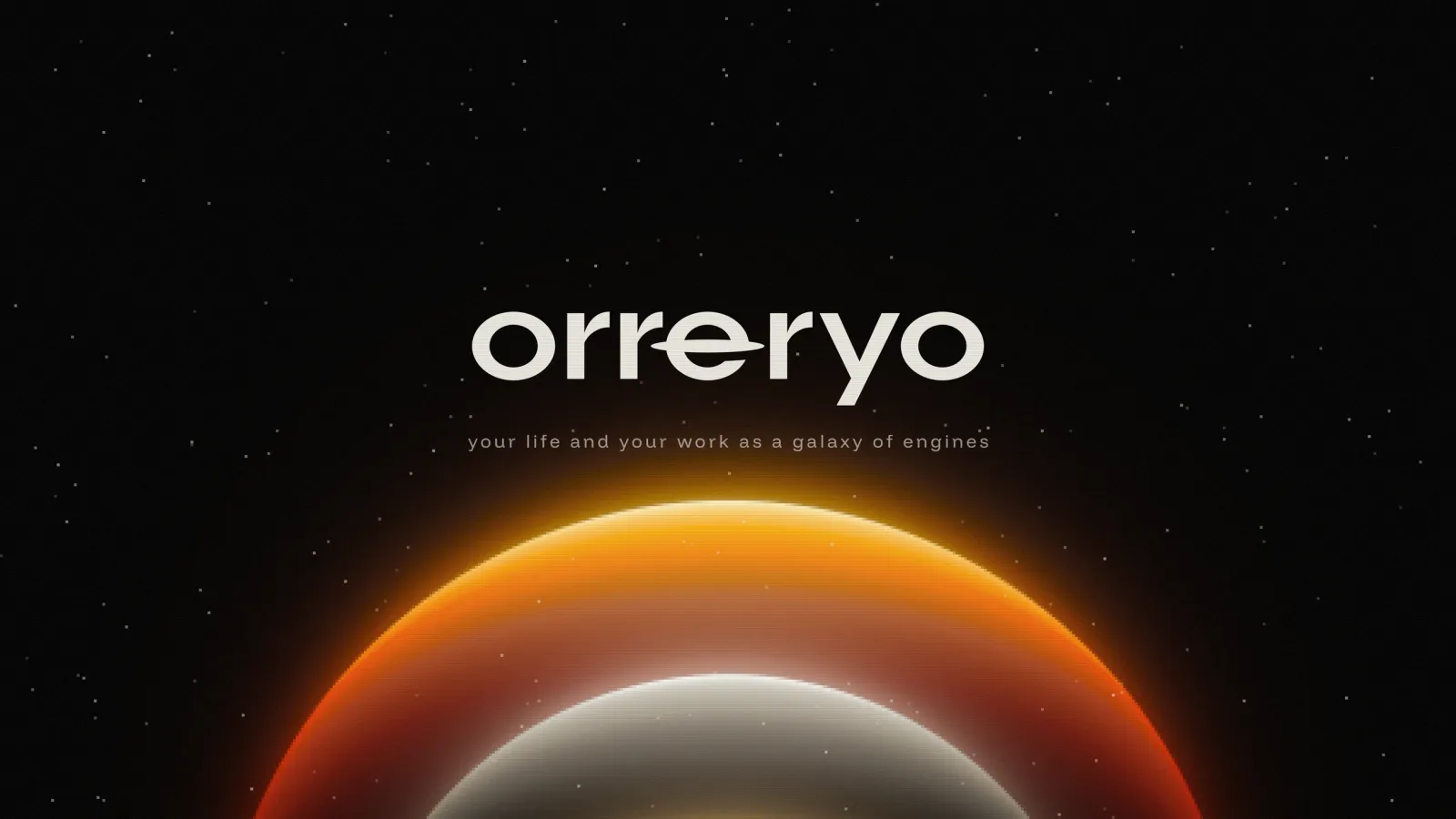 The orreryo YouTube channel art: the wordmark and the line your life and your work as a galaxy of engines over a nest of worlds.