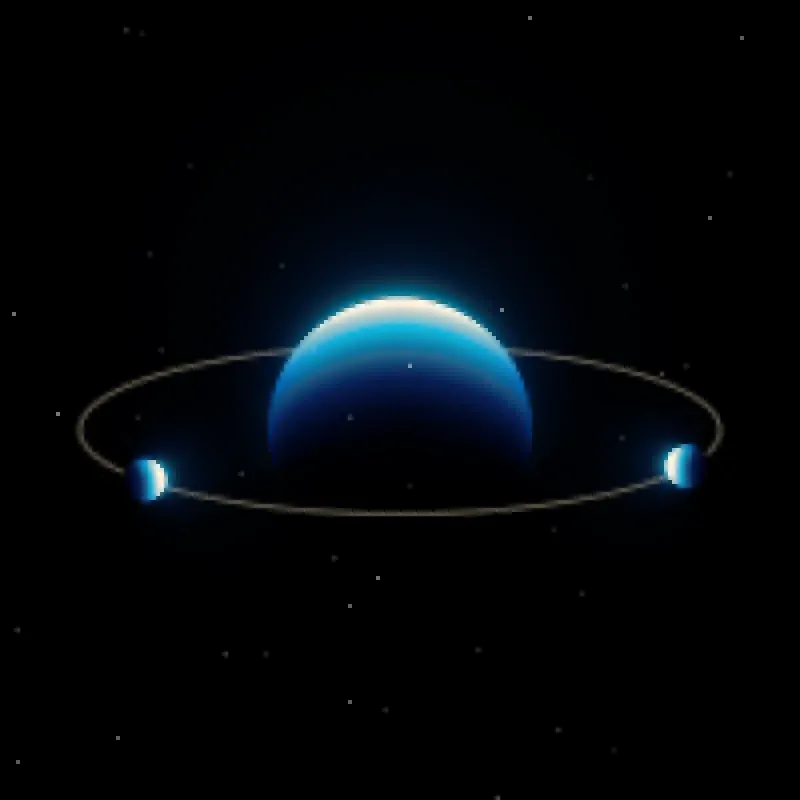 The sea engine: a glowing cyan world with a bone ring and two small planets.