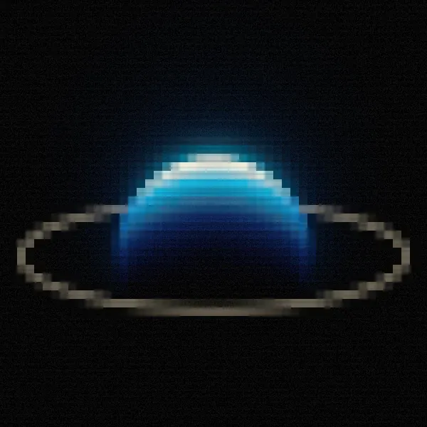 The same engine under the house skin: pixel cells, scanlines and grain, shown three times larger.