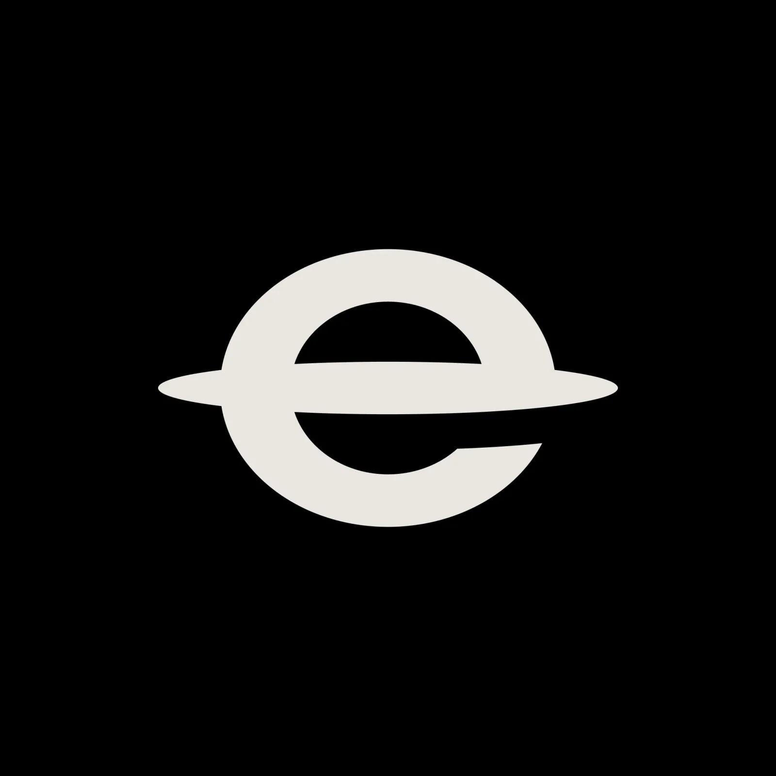 The avatar: the e-mark, a world wearing its ring, cream on black.