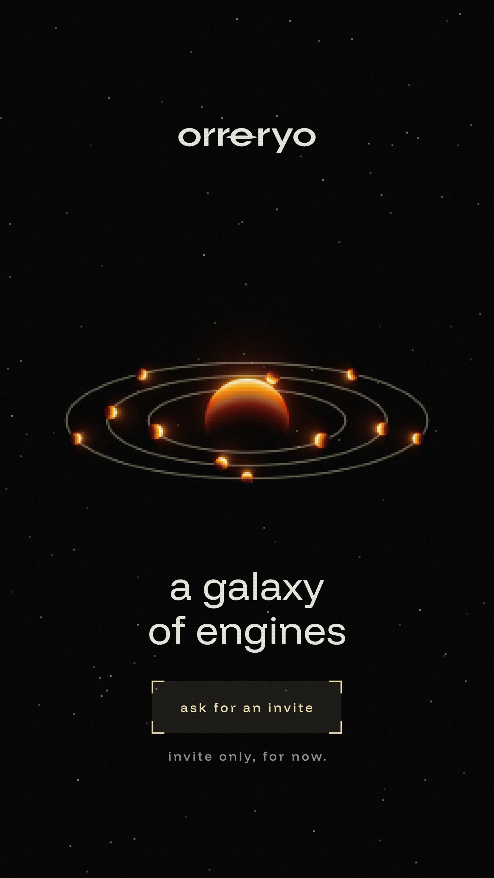 A story template: the wordmark, an engine with its rings, a galaxy of engines and ask for an invite.