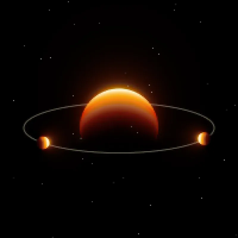 The ember engine: a glowing orange world with a bone ring and two small planets.