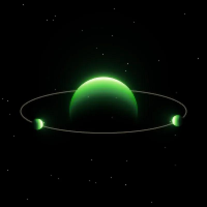 The sage engine: a glowing green world with a bone ring and two small planets.