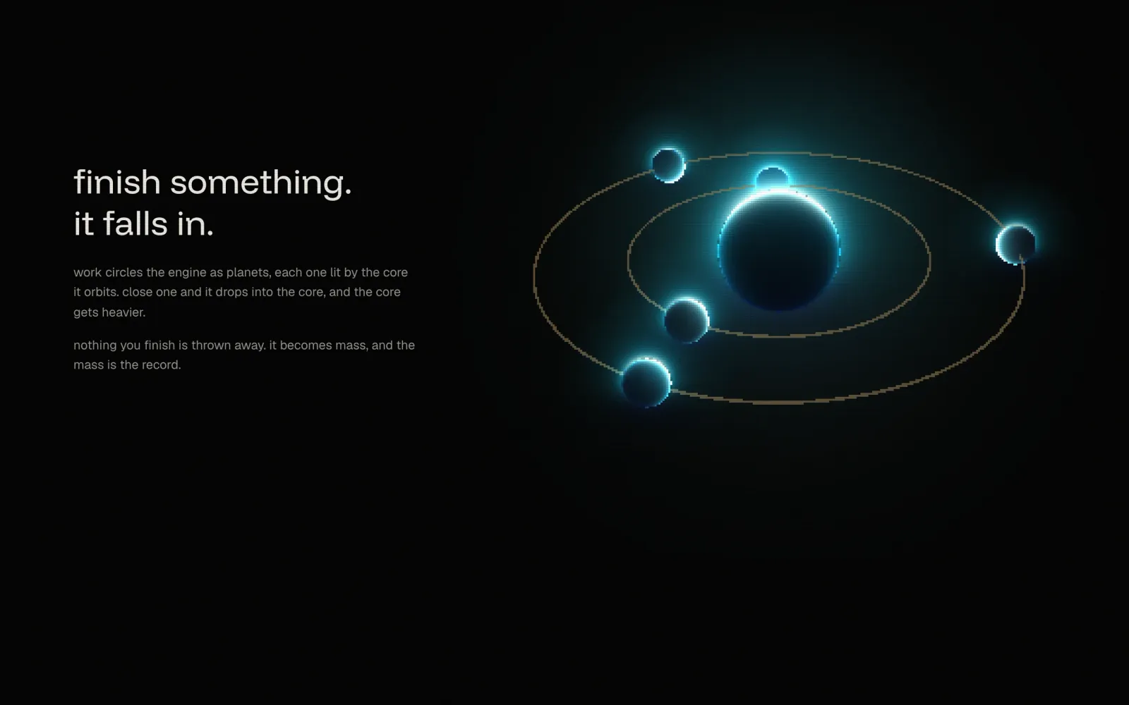 The landing page chapter finish something, it falls in: a sea engine with worlds circling it.