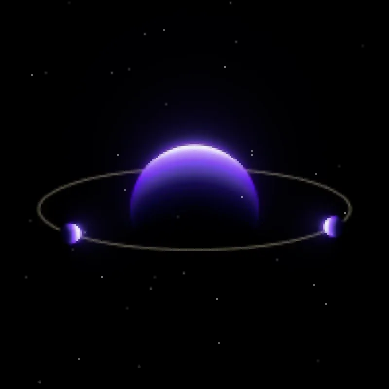 The iris engine: a glowing violet world with a bone ring and two small planets.