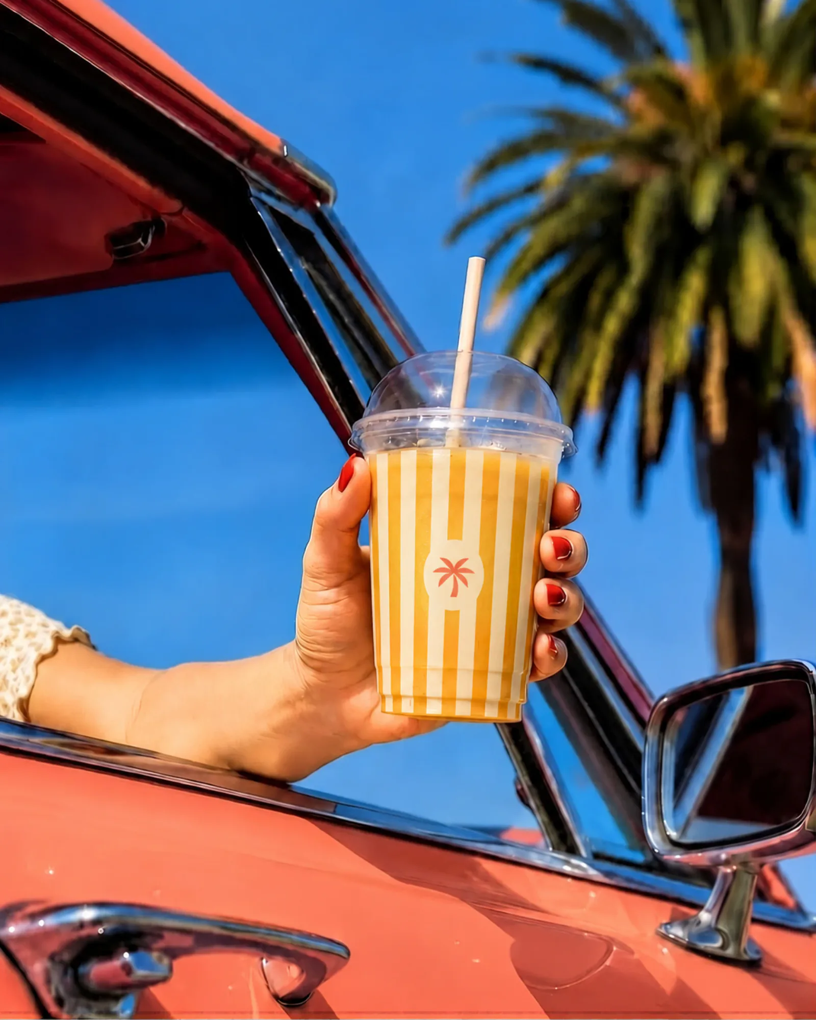 A hand out of a coral car window holding a yellow striped cup with the palm badge, a palm tree behind.