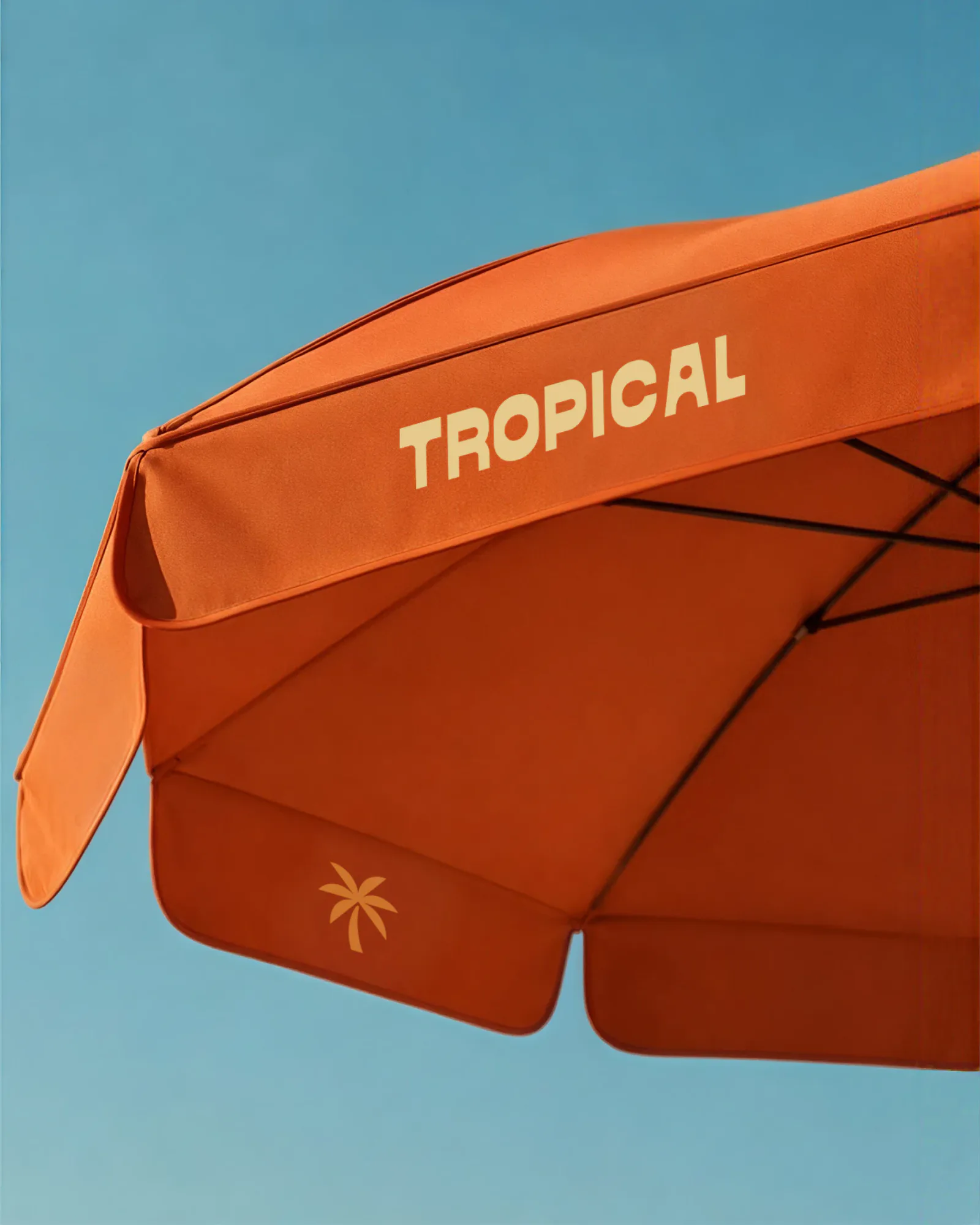 A coral beach umbrella with the Latin wordmark along its edge and a small palm on one panel, against a teal sky.