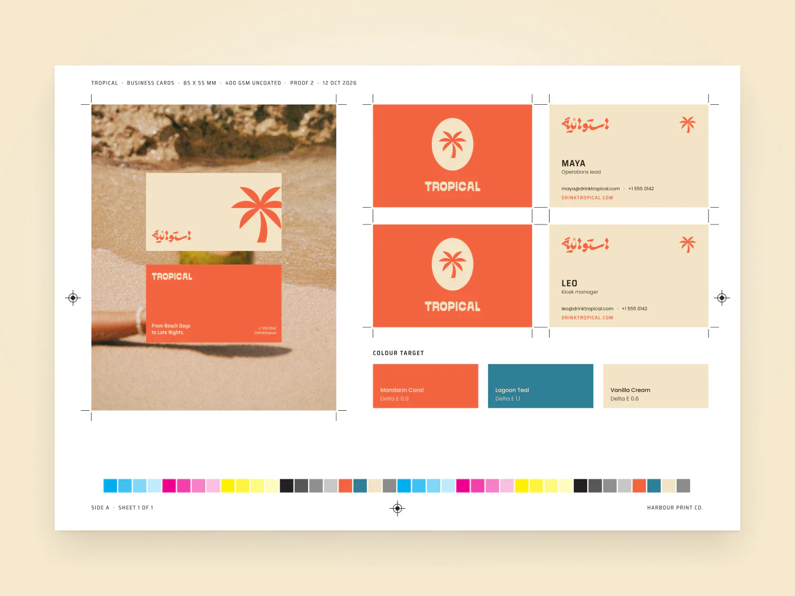 A print proof sheet for the business cards, with crop marks and a colour bar.