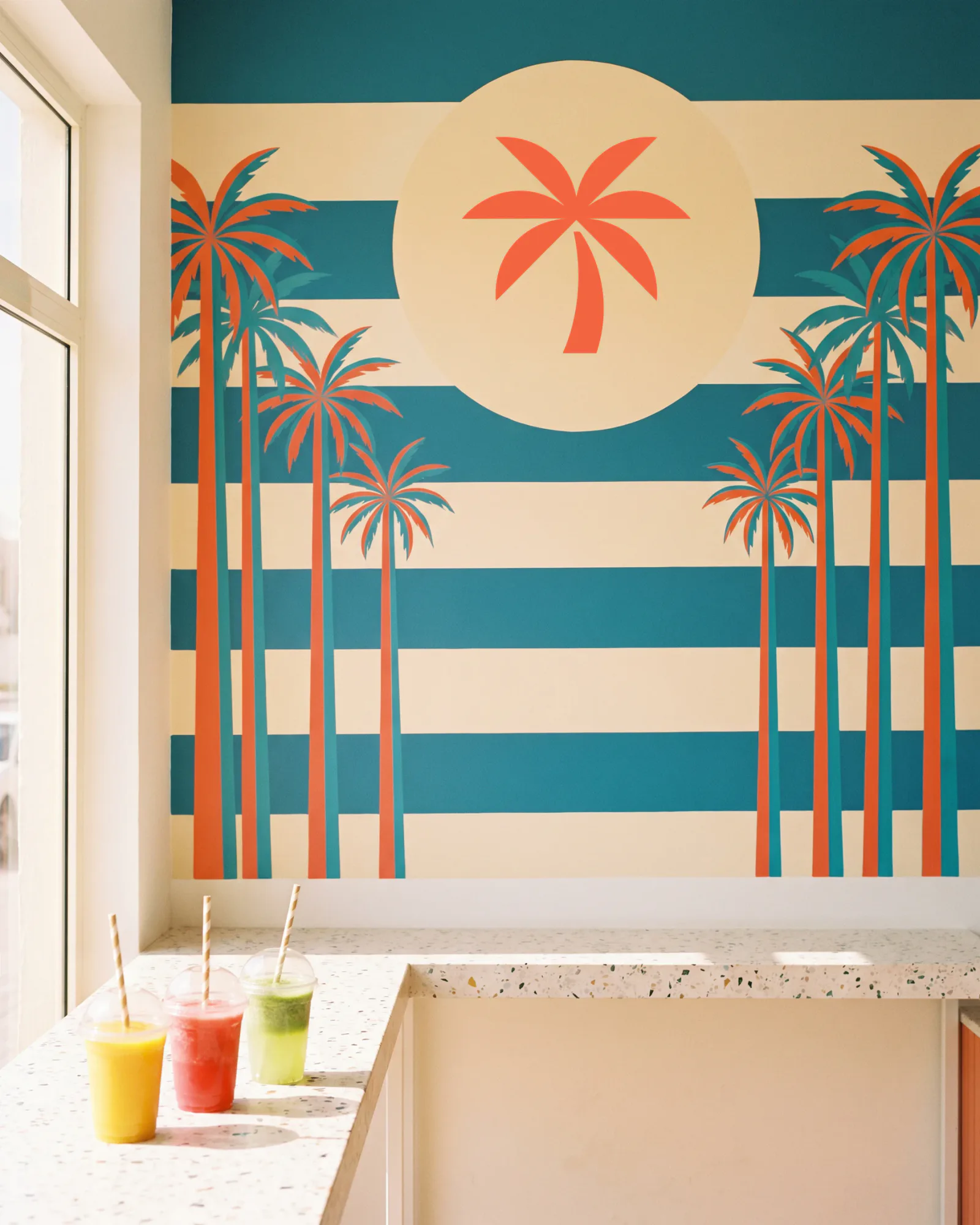 A generated concept image: a wall painted in teal and cream stripes with coral palms and a big palm in a cream sun, juices on the counter.