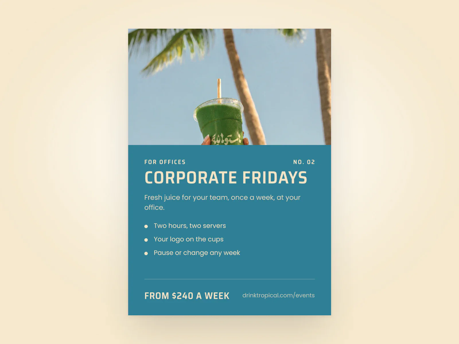 A teal flyer for Corporate Fridays, fresh juice for offices once a week.